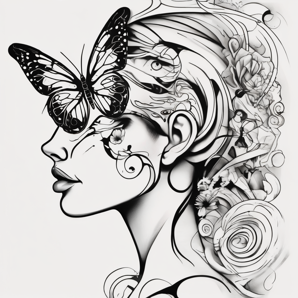 a butterfly half side with womans face half sleeve tattoos for men, diseño de tatuaje Cartoon generado con IA